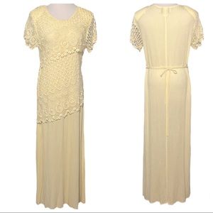 Vintage Magnet Art by Lynn Yang Yellow Embroidered Lace Maxi Dress Size Small